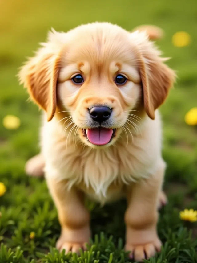 A golden retriever puppy looking very cute.